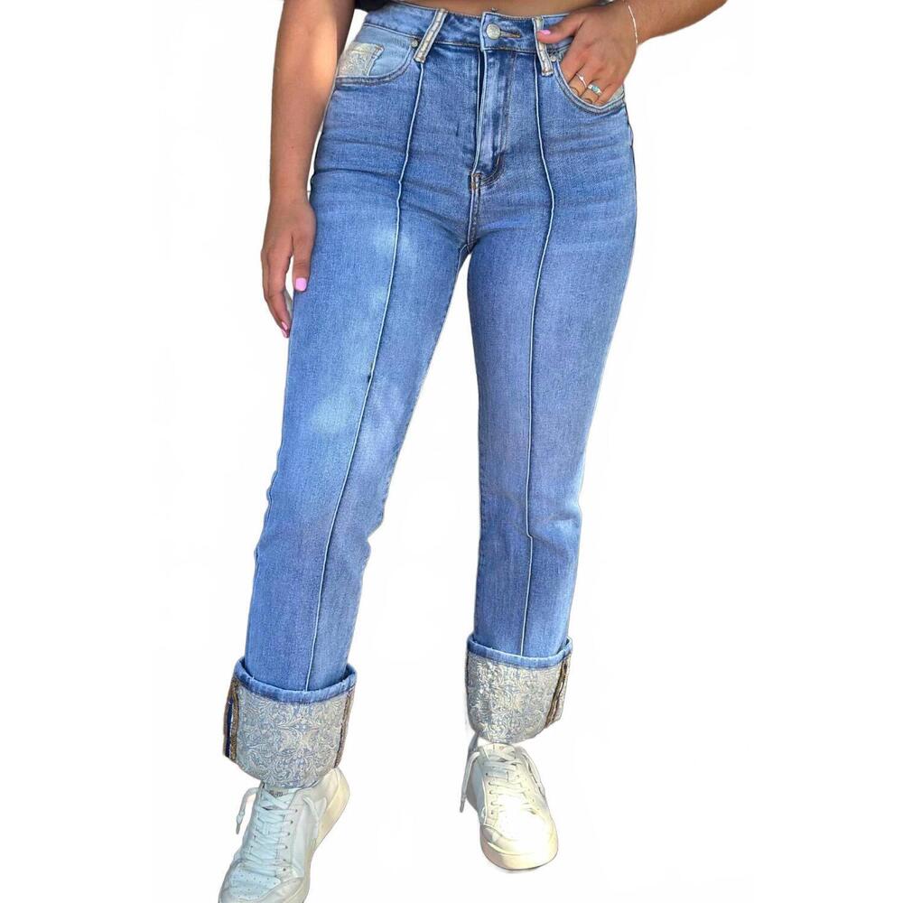 NEW STERLING KREEK embroidered cuffed jeans in medium wash